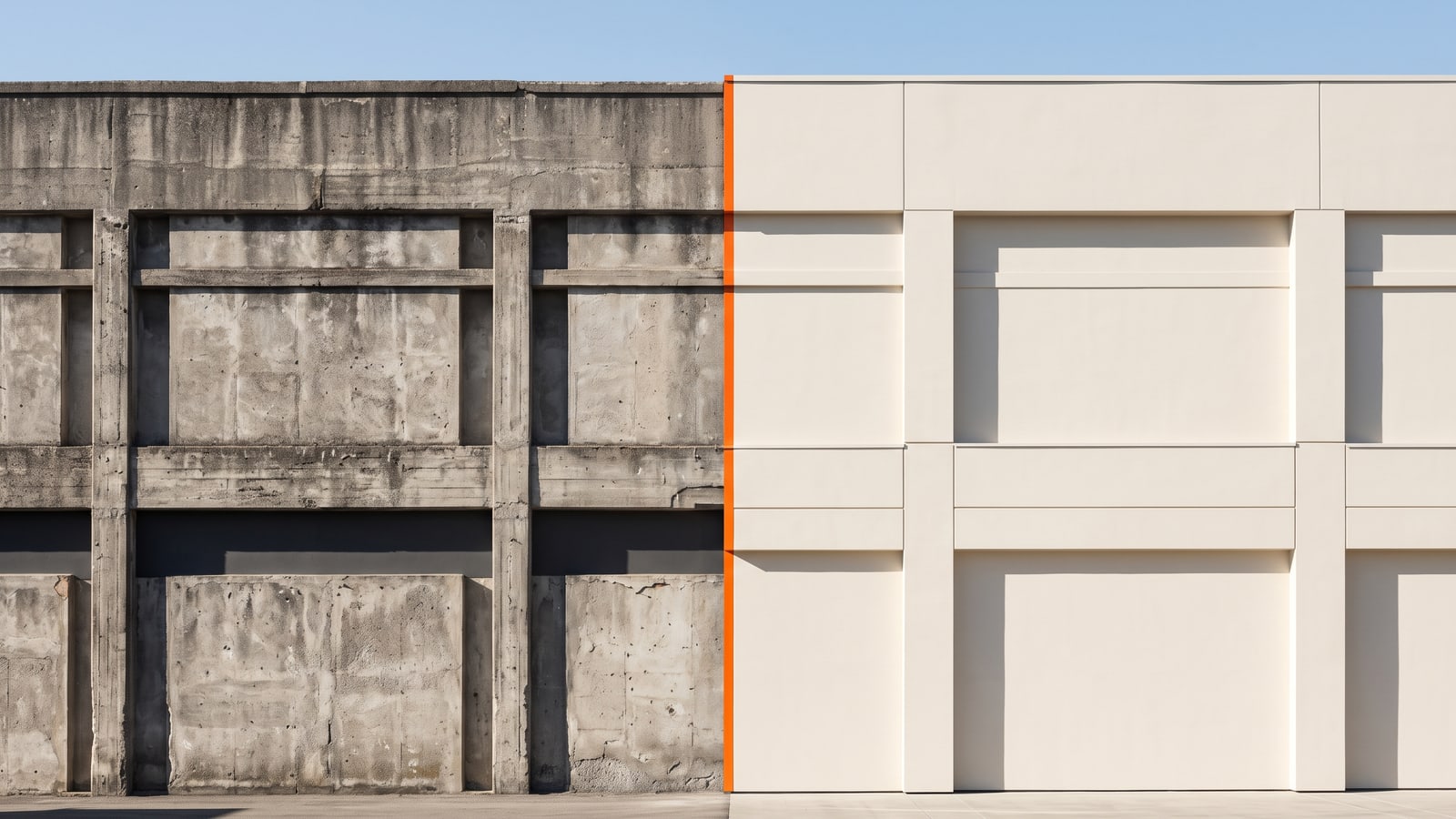 Fachada dividida entre concreto envelhecido e superfície renovada, imagem sobre quando fazer rebranding