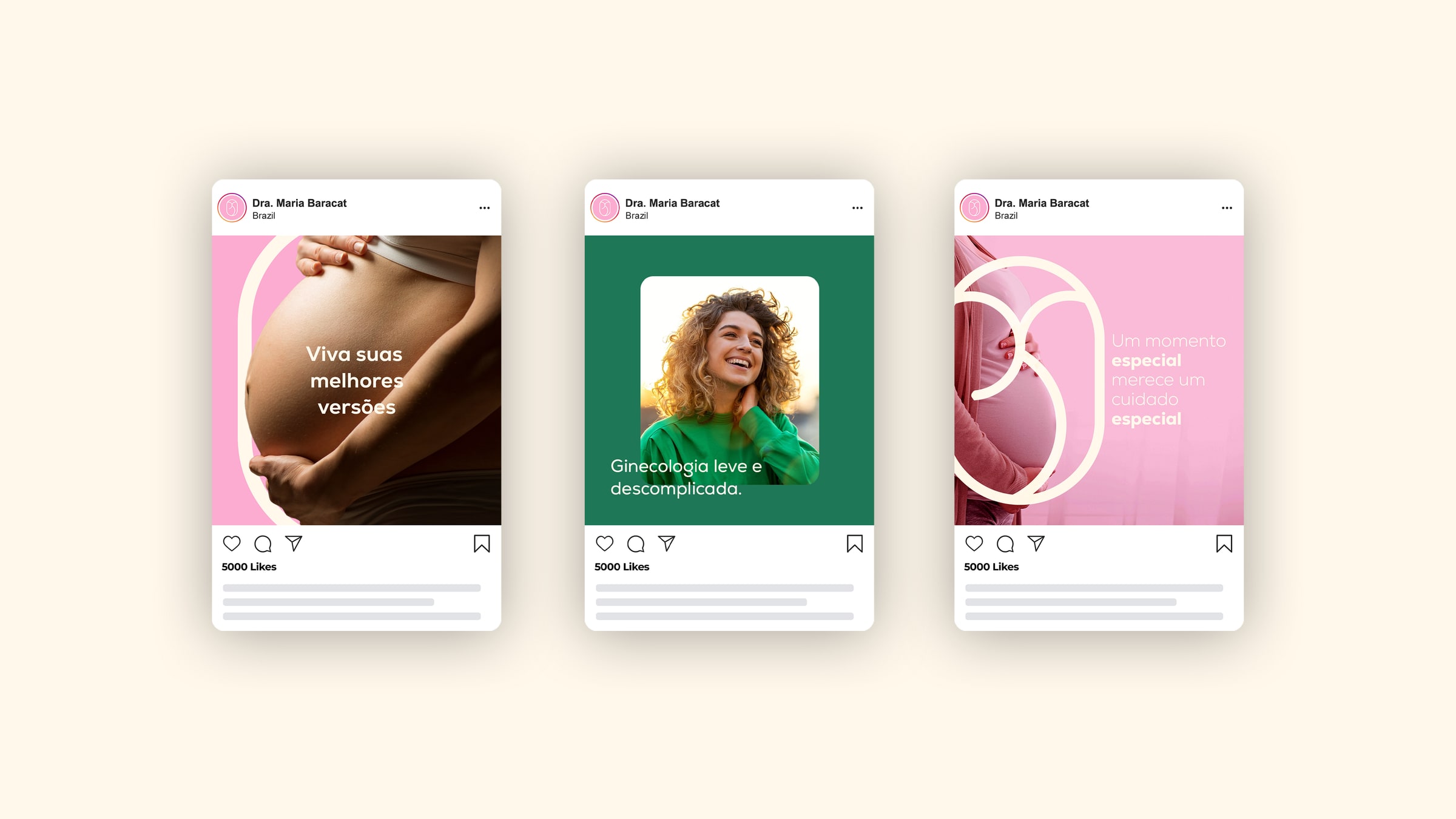 Posts de Instagram da marca, com as chamadas Viva suas melhores versões e Ginecologia leve e descomplicada