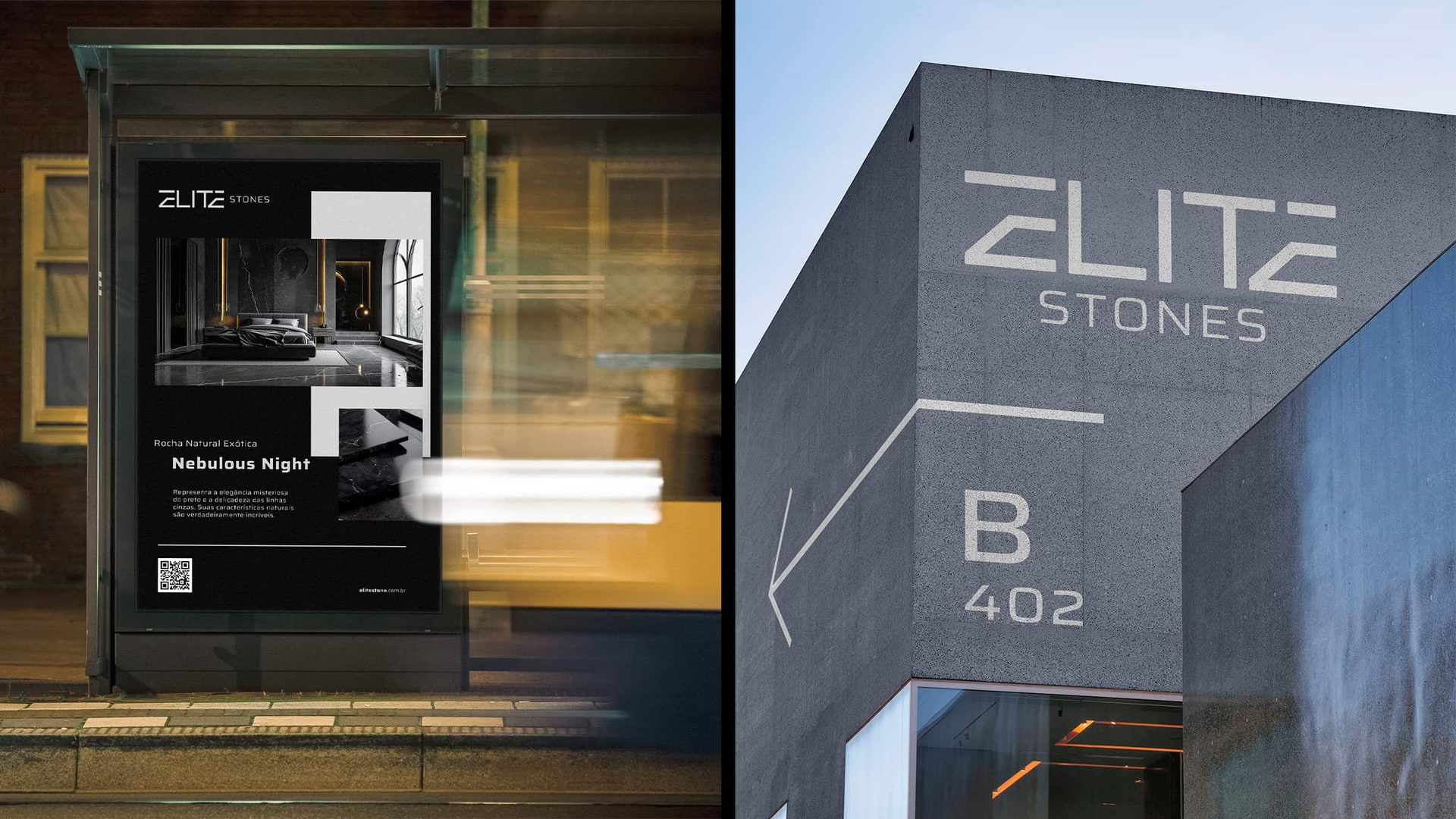 Marca Elite Stones aplicada em cartaz de mobiliário urbano e em fachada