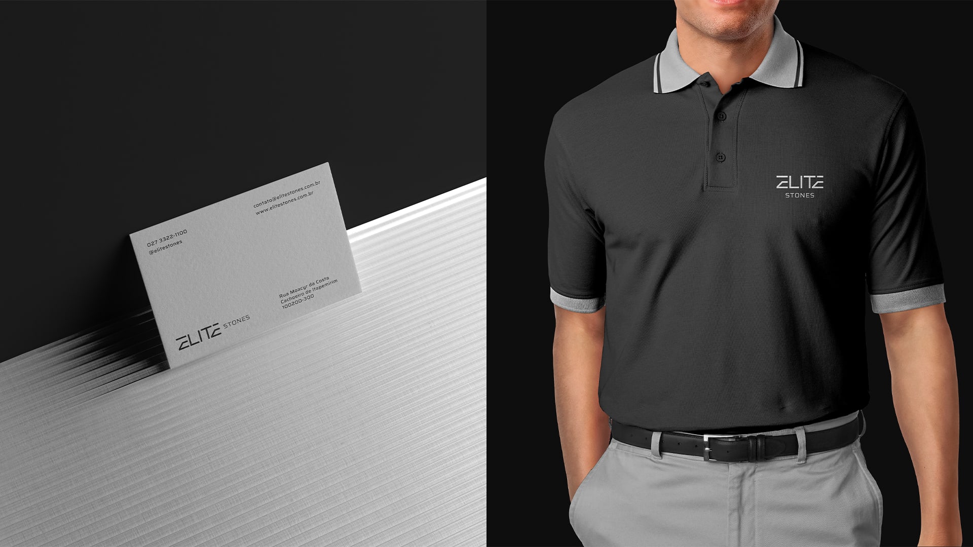Cartão de visita e camisa polo com a marca Elite Stones